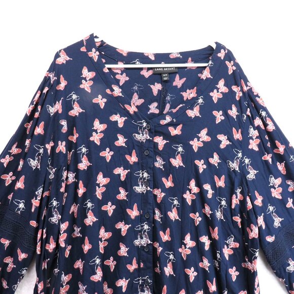 Lane Bryant Shirt Womens Sz 26 Butterfly Print Blouse Navy Blue Long Sleeve Boho - Picture 2 of 10